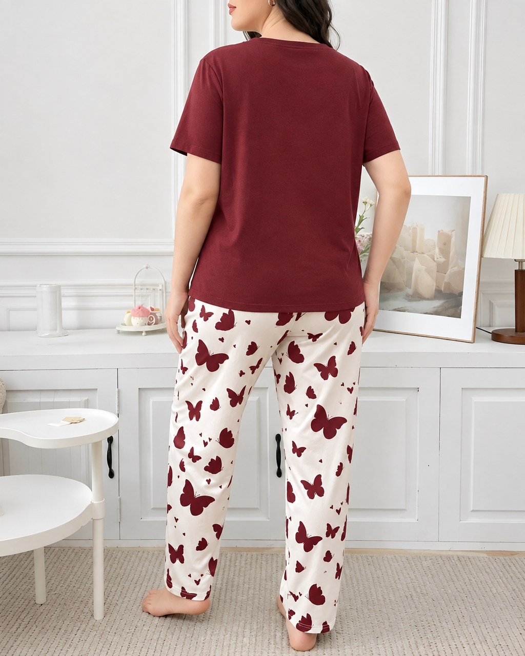 Maroon Butterfly Printed Night Suit