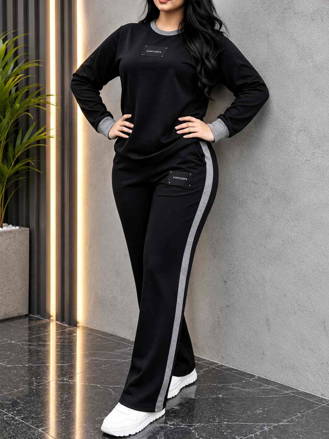 Winter Black Elegant Round Neck Fleece Co-Ord Set