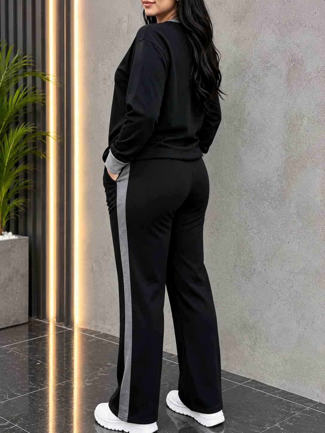 Winter Black Elegant Round Neck Fleece Co-Ord Set