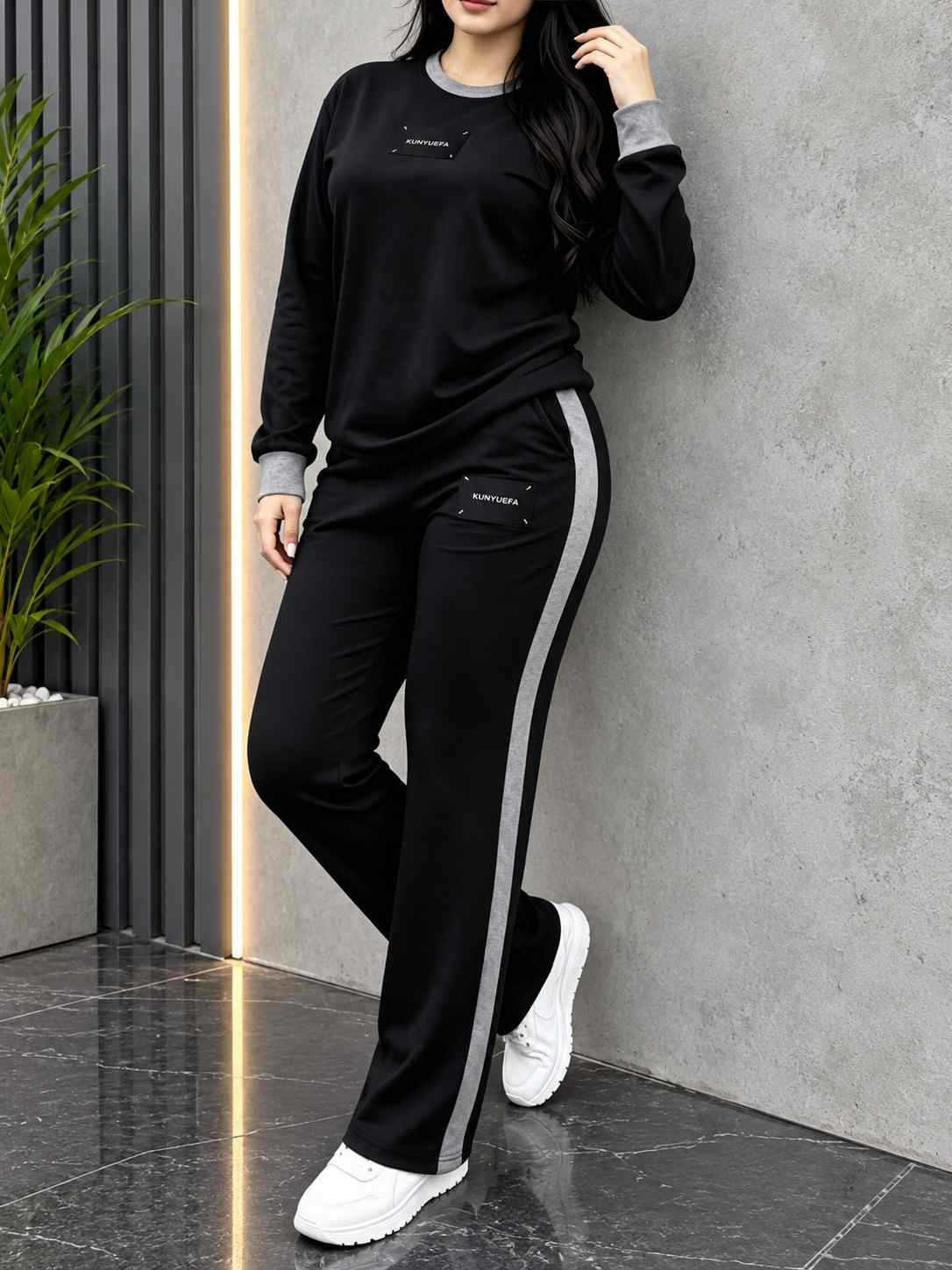 Winter Black Elegant Round Neck Fleece Co-Ord Set