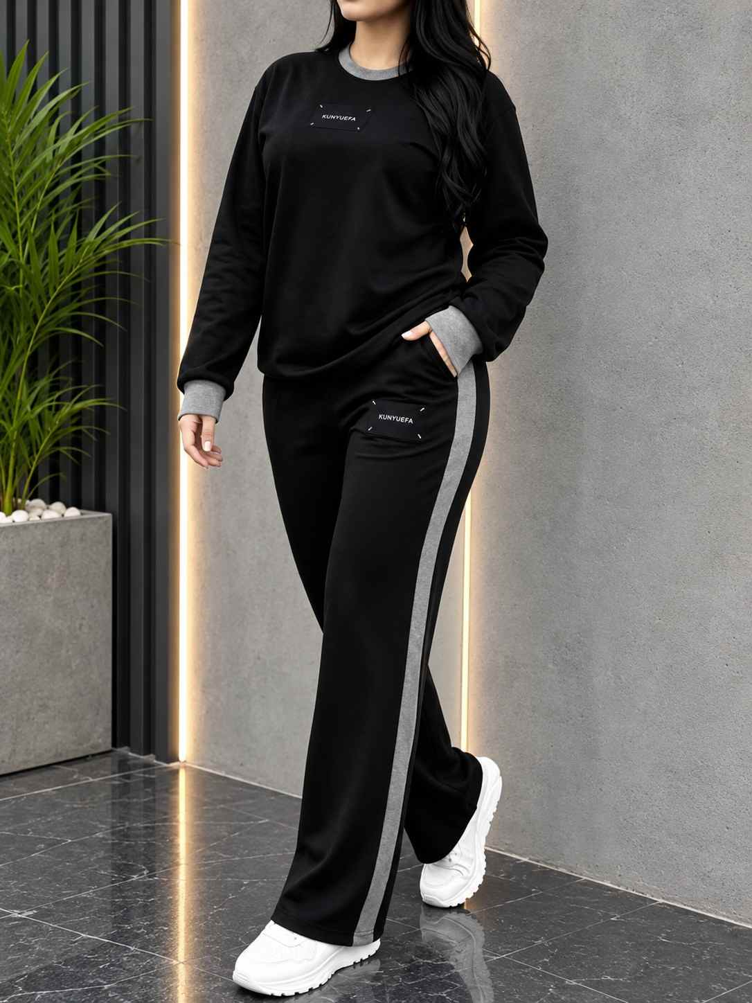 Winter Black Elegant Round Neck Fleece Co-Ord Set