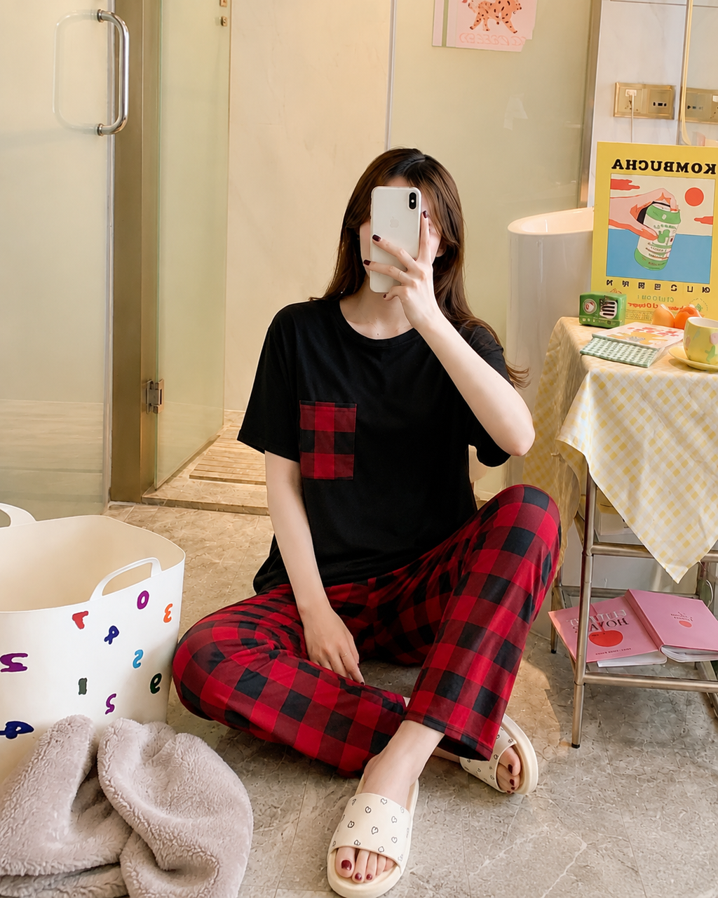 Red check pocket Printed Nightwear