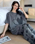 Grey Double Heart Half Sleeve Printed Night Suits