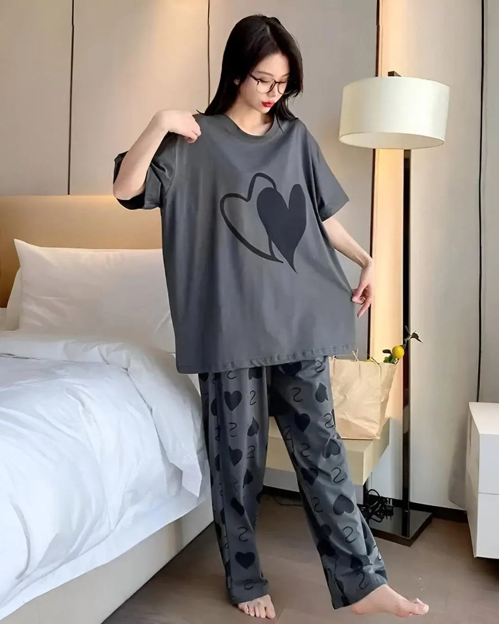 Grey Double Heart Half Sleeve Printed Night Suits