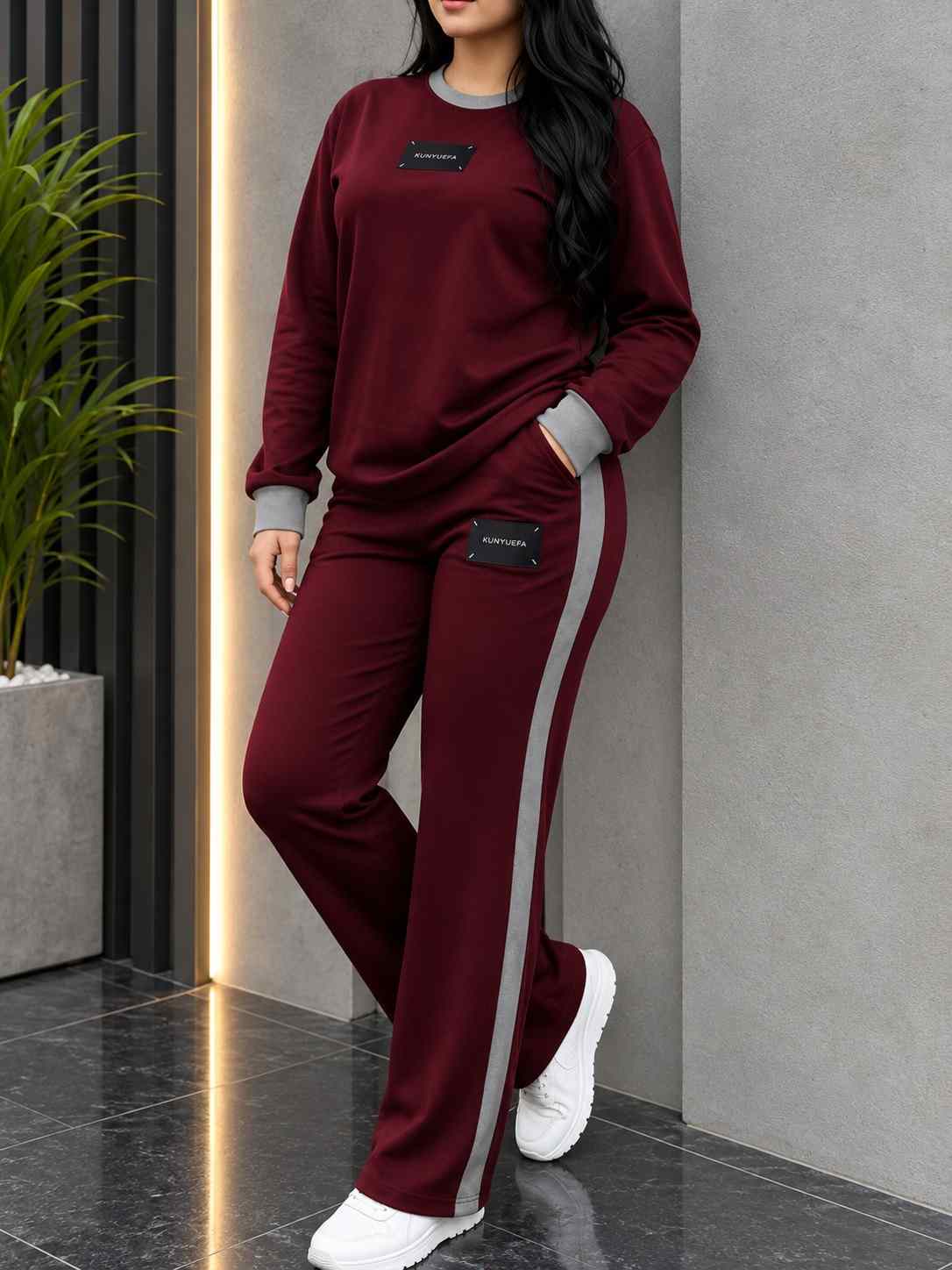 Winter Maroon Elegant Round Neck Fleece Co-Ord Set