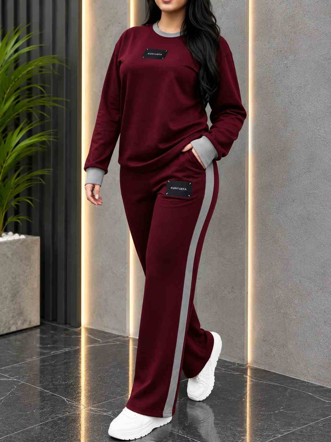 Winter Maroon Elegant Round Neck Fleece Co-Ord Set