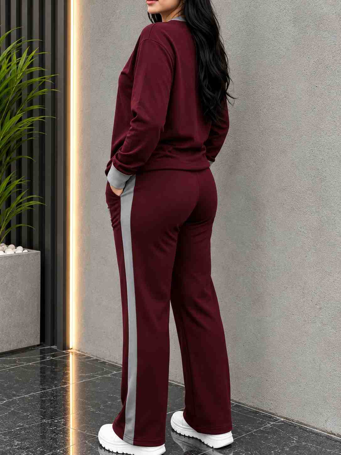 Winter Maroon Elegant Round Neck Fleece Co-Ord Set