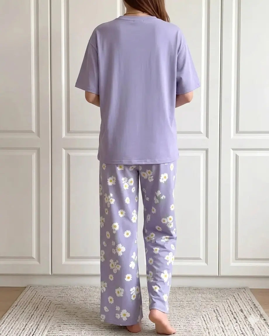 White Flower Printed Night Suit