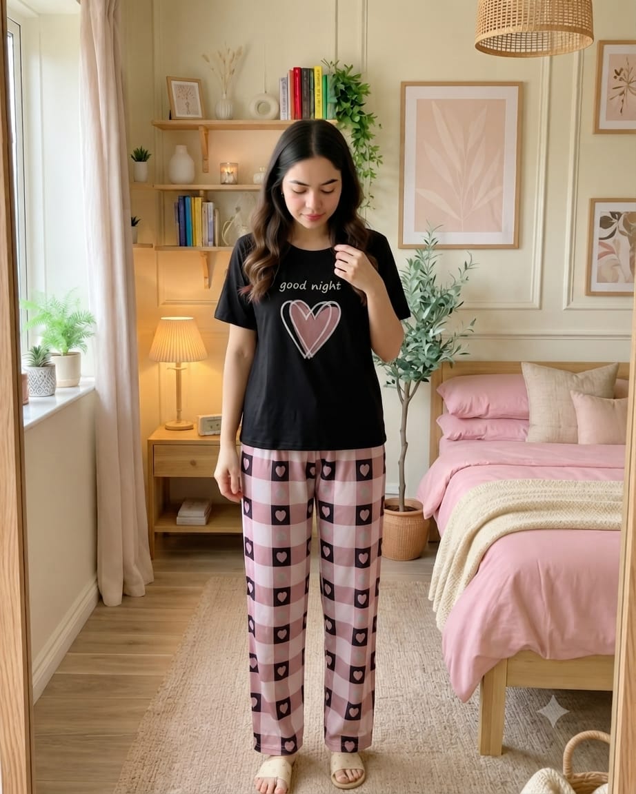Black With Pink Heart Nightwear