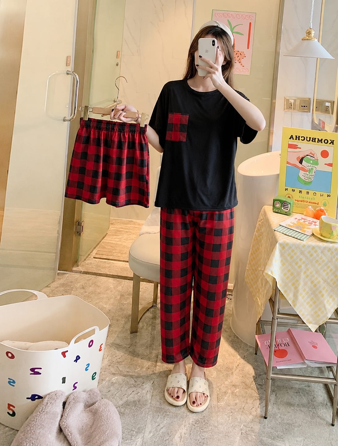 3 Piece Red check pocket Nightwear (Copy)