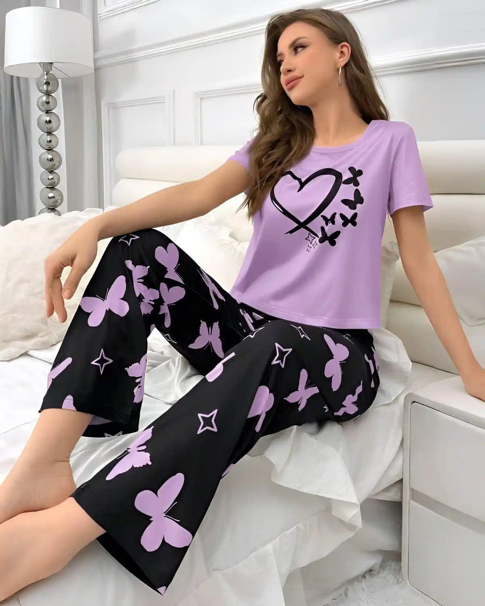 Purple Heart and Butterfly Printed Night Suit