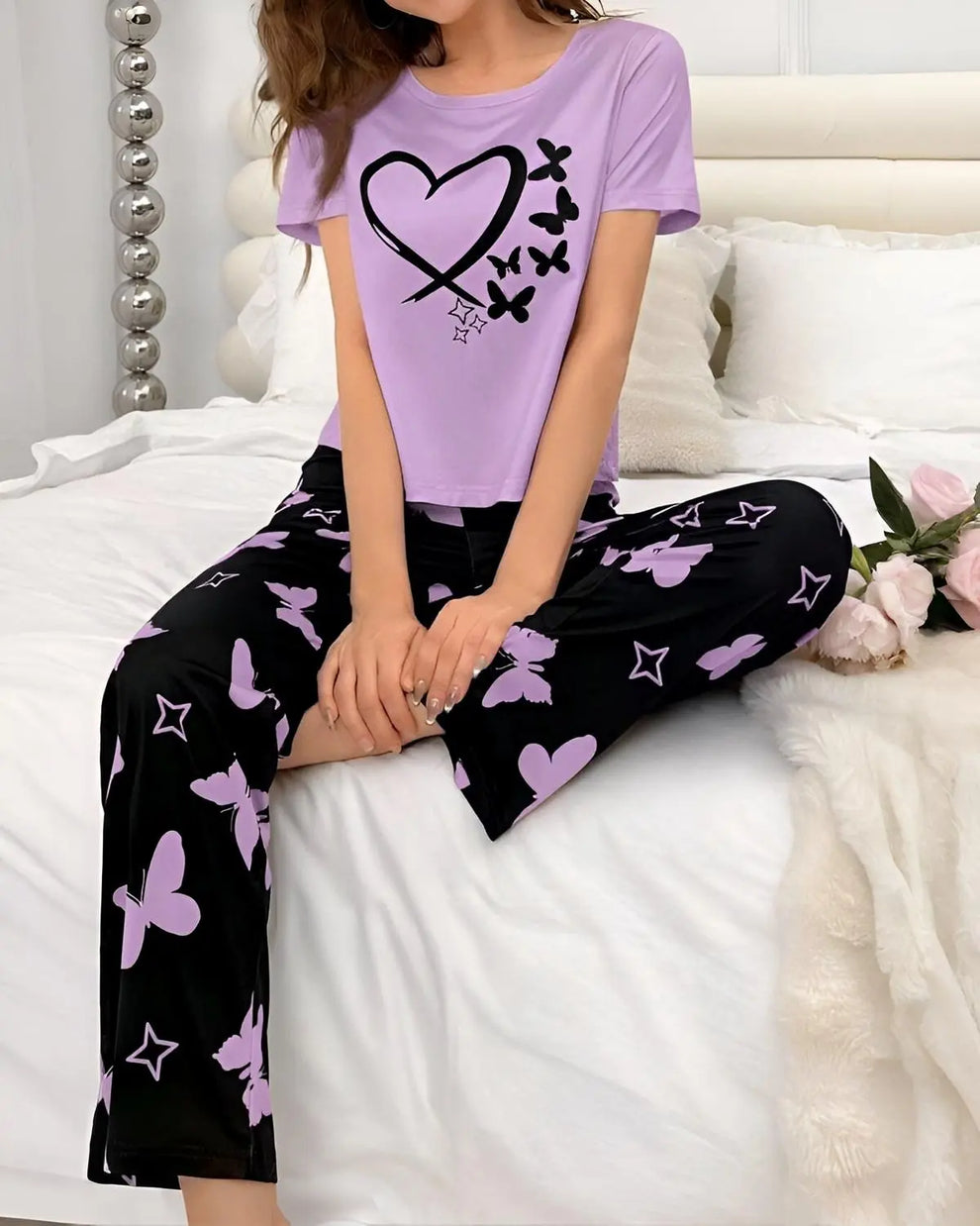 Purple Heart and Butterfly Printed Night Suit