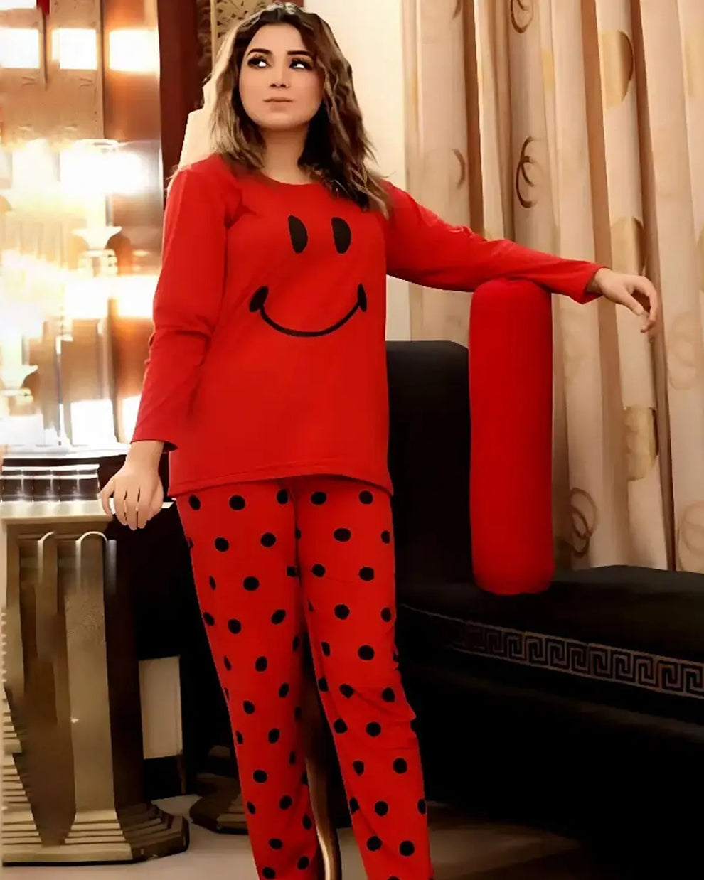 Red Smiley Printed Night Suit